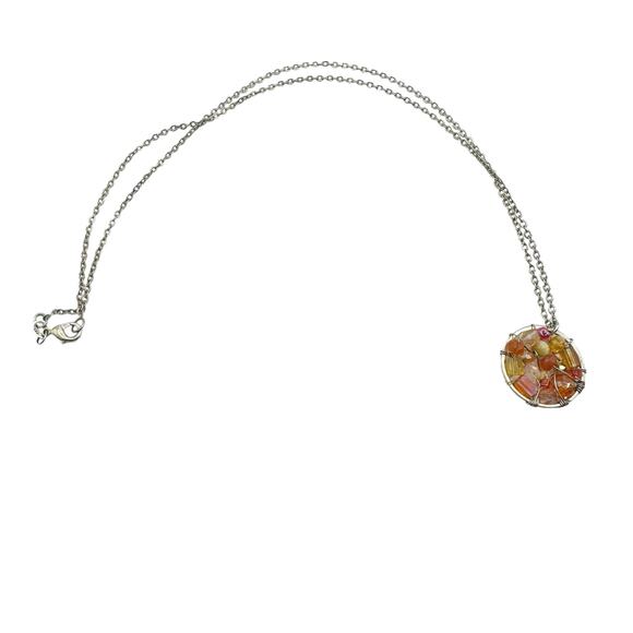 Sterling Silver 925 Wire Wrapped Round Orange Bead Pendant Beaded Chain Necklace - Picture 8 of 8